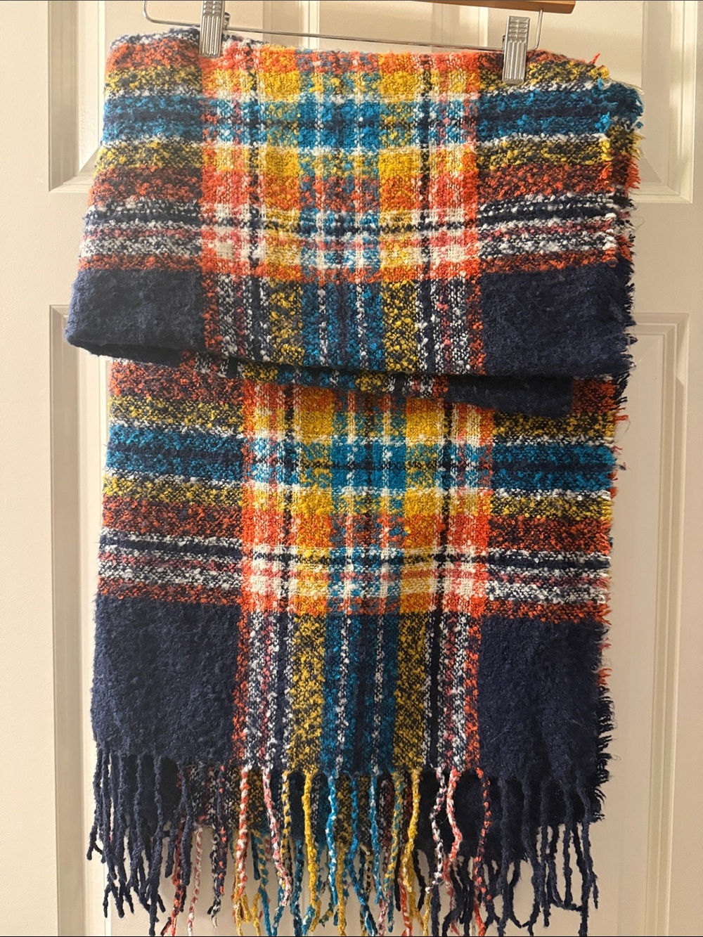 aerie Multicolor Plaid Fringe ScarfNavy, Yellow, Orange, Blue